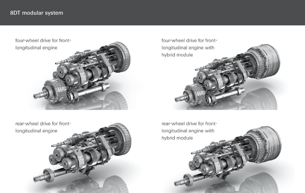 ZF 8DT - Porsche PDK 8 - construction modulaire - hybride, essence ou diesel, propulsion ou 4 roues motrices
