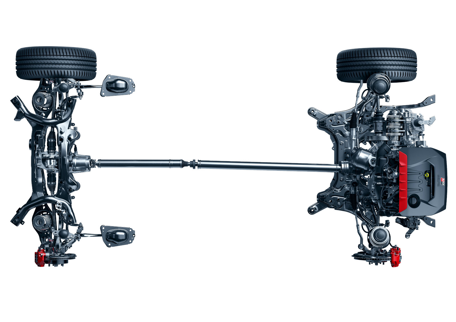 Toyota GR Yaris - moteur, boîte de vitesses, embrayage multidisque, différentiels, suspension - vue de dessus