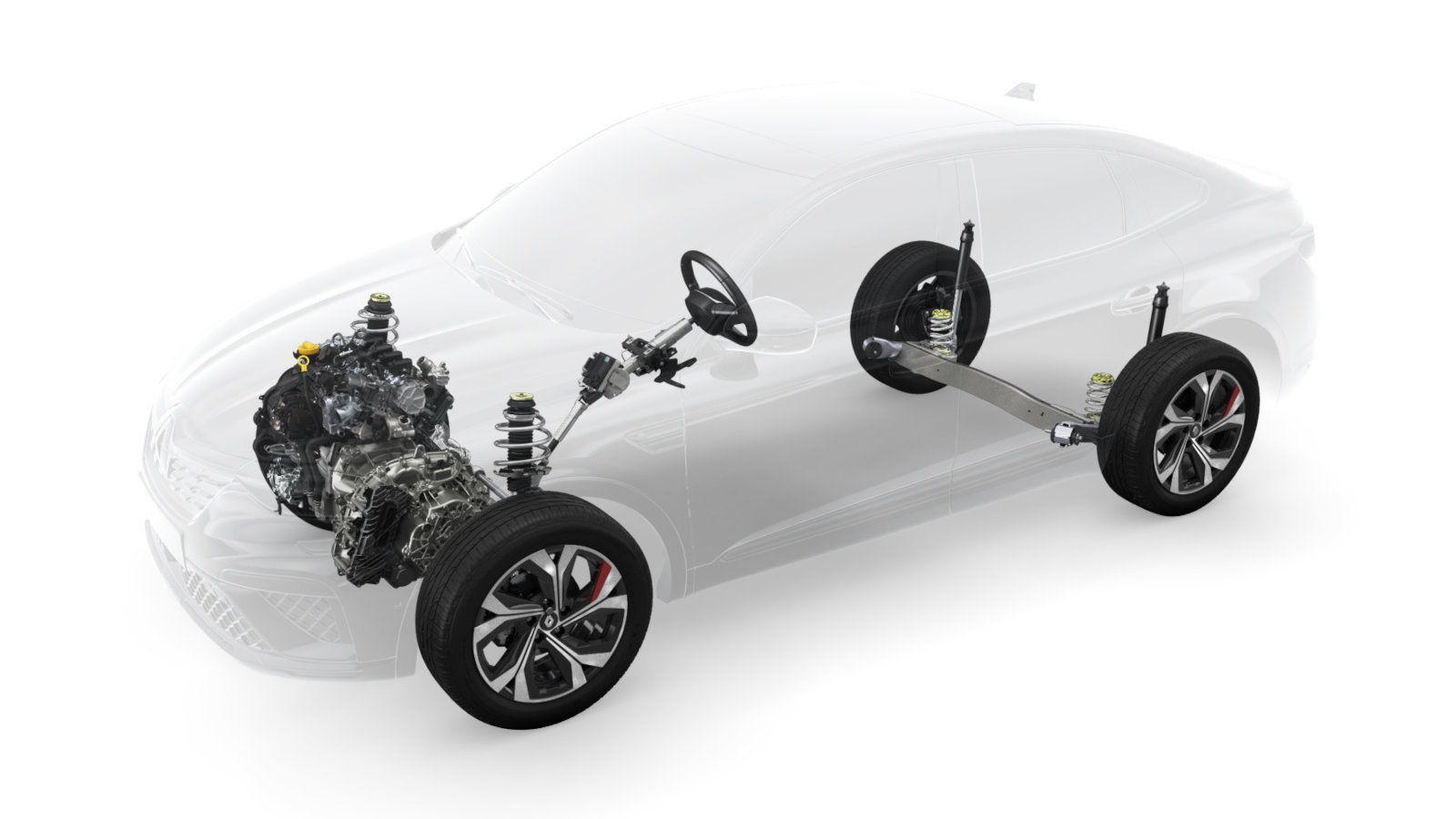 Renault Arkana E-Tech hybride - positionnement du moteur dans le véhicule