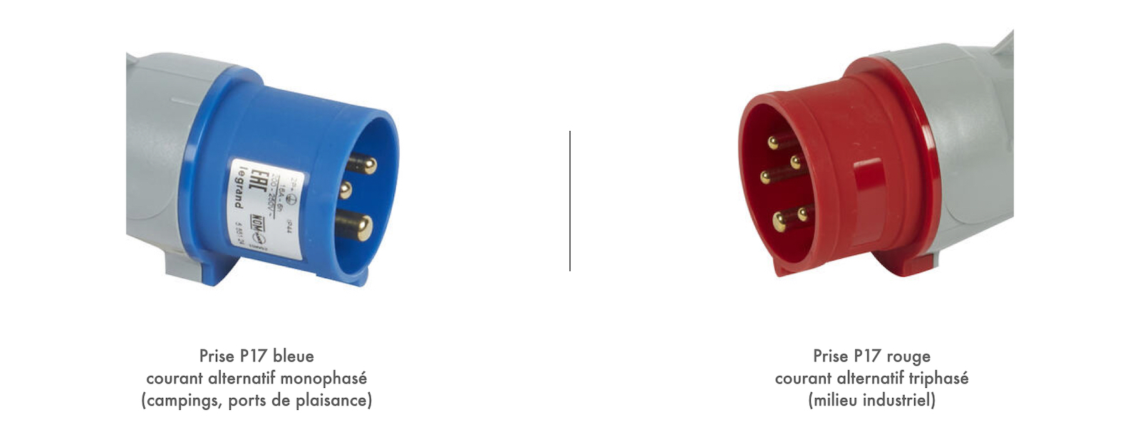 Prises P17 bleu (monophasé - campings, ports) et P17 rouge (triphasé - industrie)